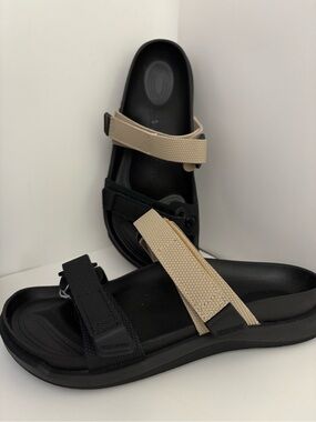 Birkenstock Black and Beige Velcro Strap Slide Sandals